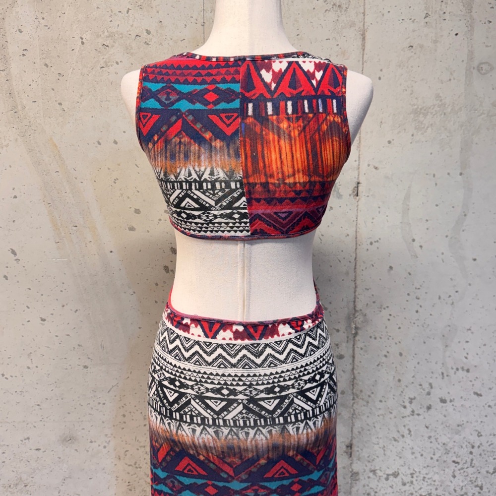 Maria Chiquinha Maxi Dress Womens Small Orange Tribal Geometric Cutout Boho Art - Picture 3 of 7